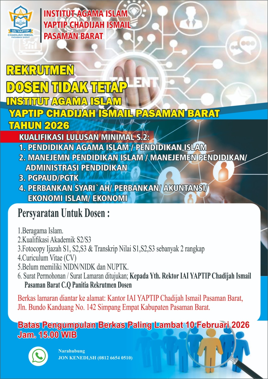REKRUTMEN DOSEN TIDAK TETAP IAI YAPTIP CHADIJAH ISMAIL PASAMAN BARAT 2026
