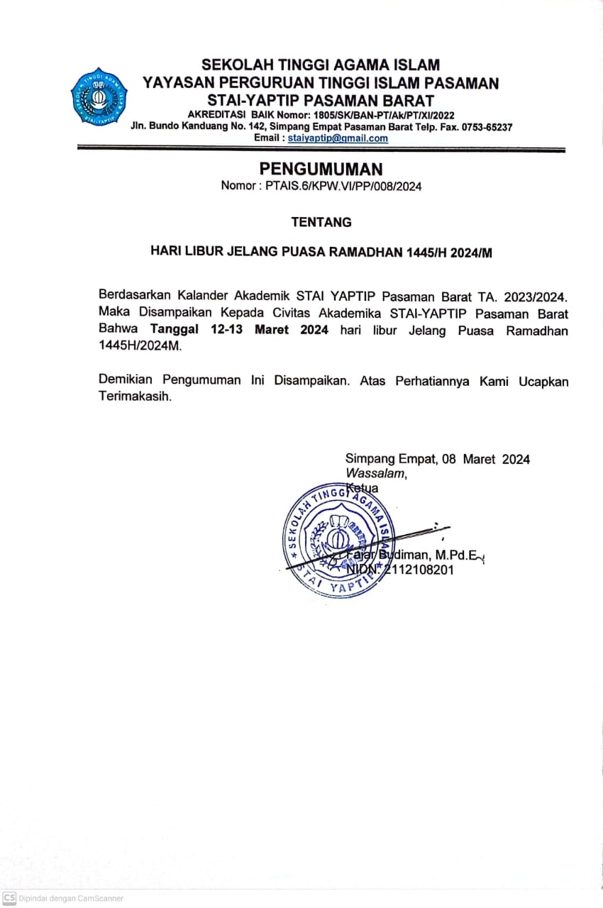 HARI LIBUR JELANG PUASA RAMADHAN 1445H/2024 STAI YAPTIP PASAMAN BARAT 
