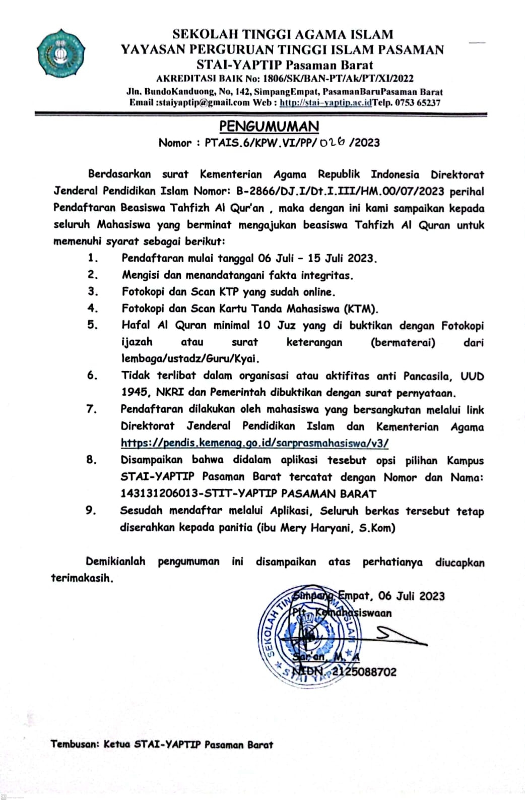 PERPANJANGAN PENDAFTARAN BEASISWA TAHFIZH QUR'AN 