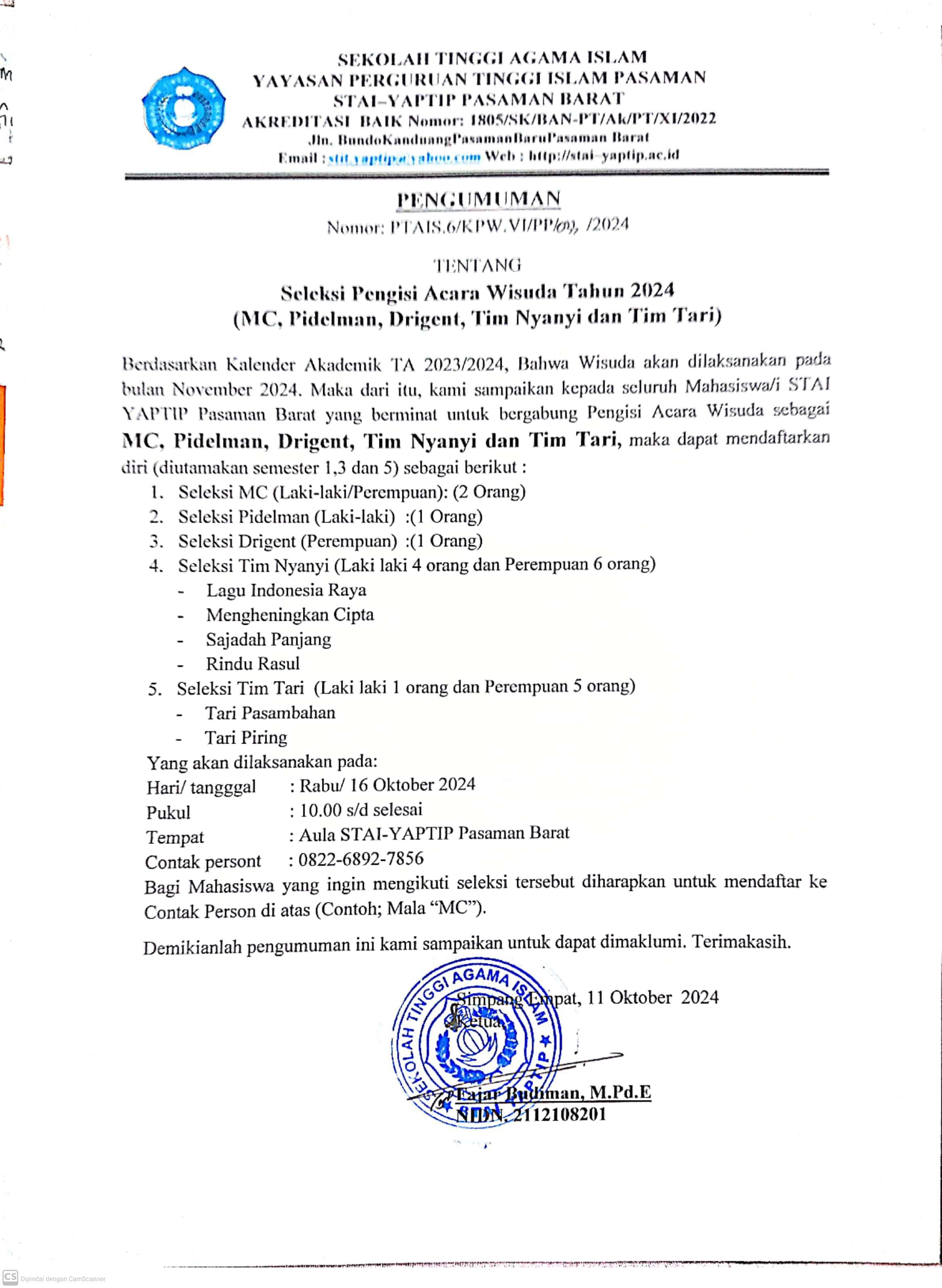 SELEKSI PENGISI ACARA WISUDA TAHUN 2024