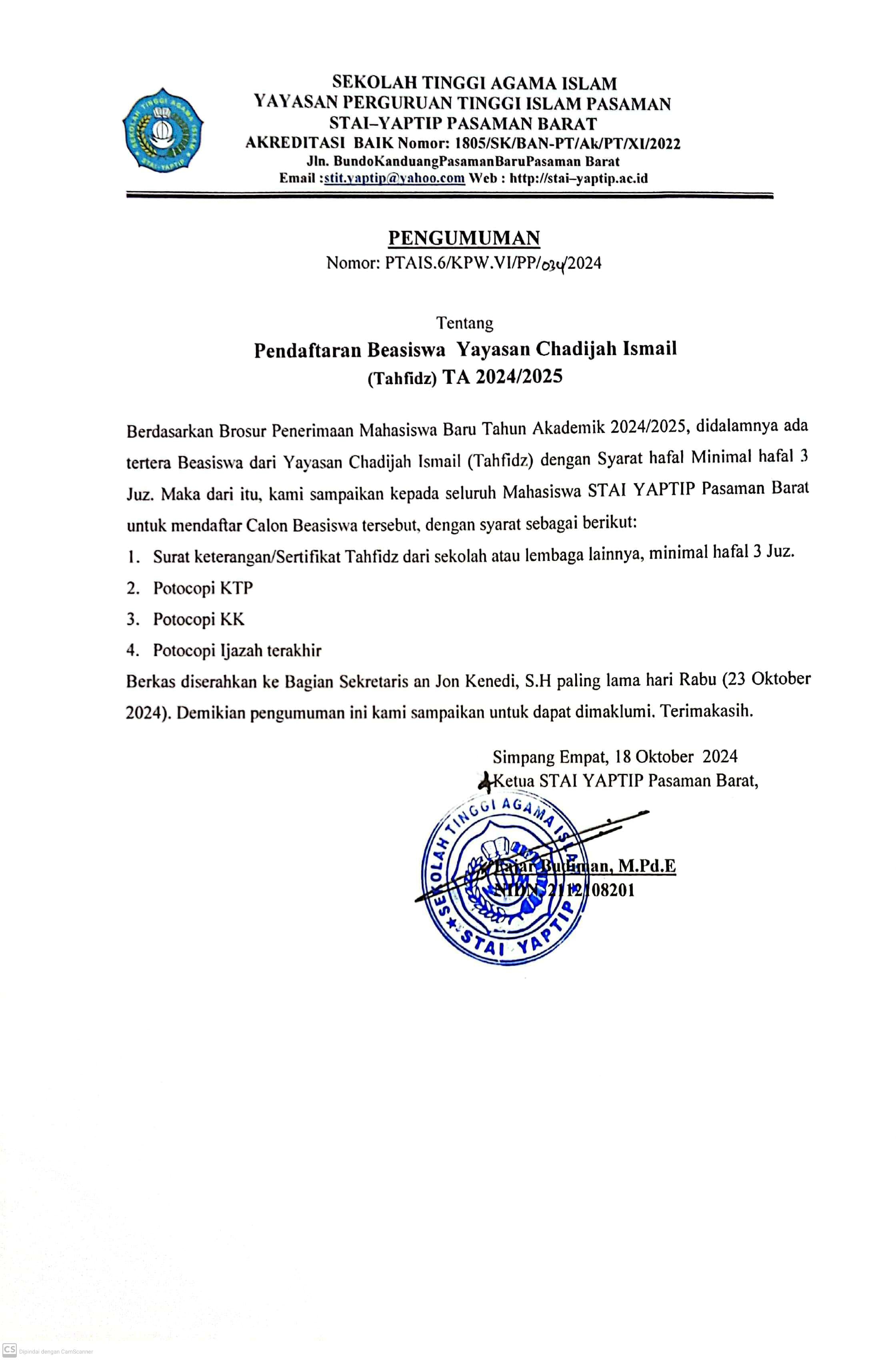 BEASISWA YAPTIP CHADIJAH ISMAIL (TAHFIDZ)