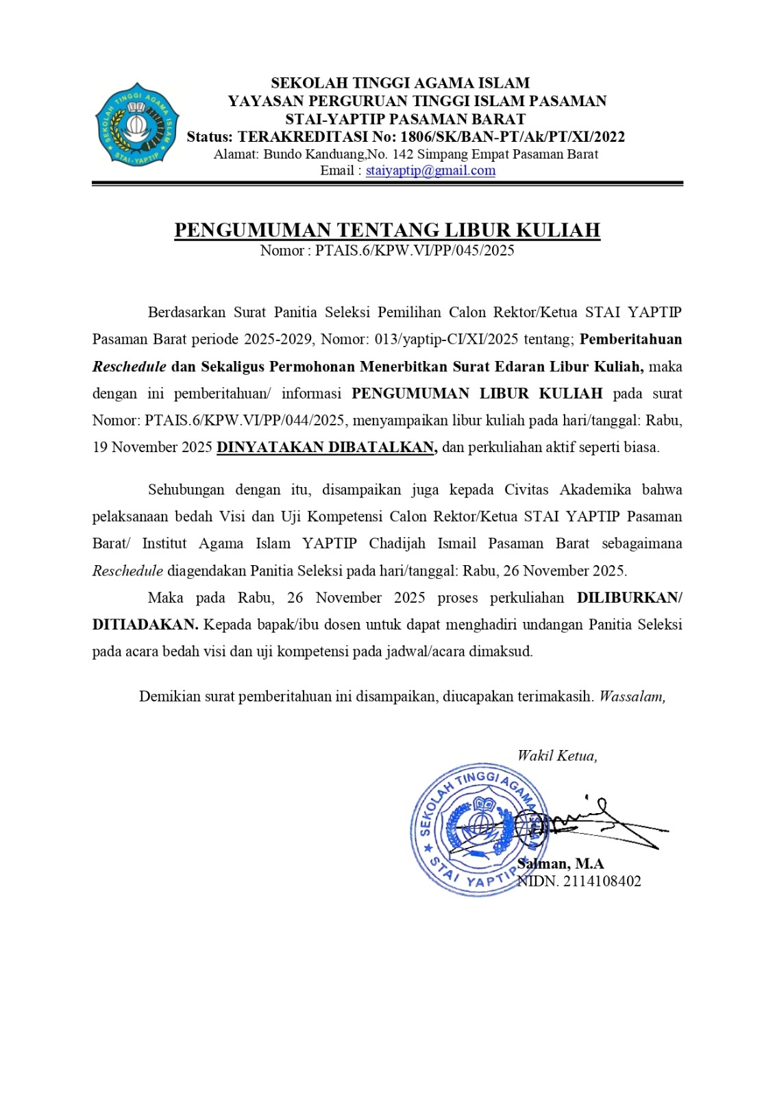LIBUR PERKULIAHAN 
