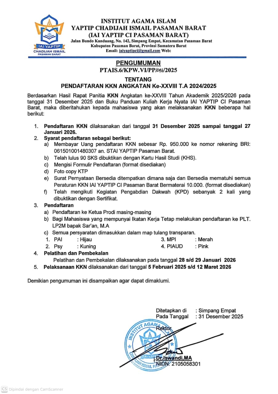 PENDAFTARAN KKN IAI YAPTIP CI PASAMAN BARAT ANGKATAN XXVIII