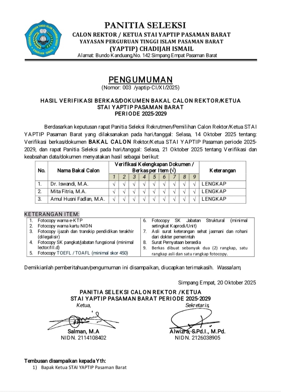 HASIL VERIFIKASI BERKAS DOKUMEN BAKAL CALON REKTOR/KETUA STAI YAPTIP PASAMAN BARAT PERIODE 2025-2029