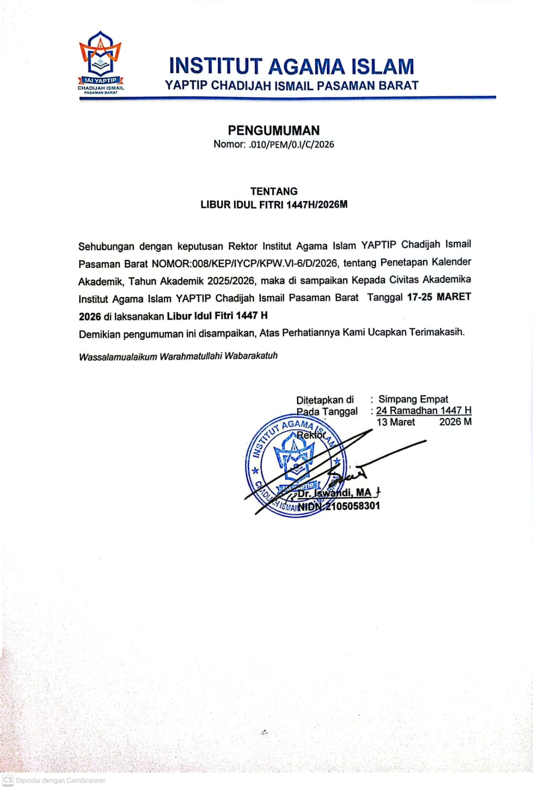 LIBUR IDUL FITRI 1447 H IAI YAPTIP CHADIJAH ISMAIL PASAMAN BARAT