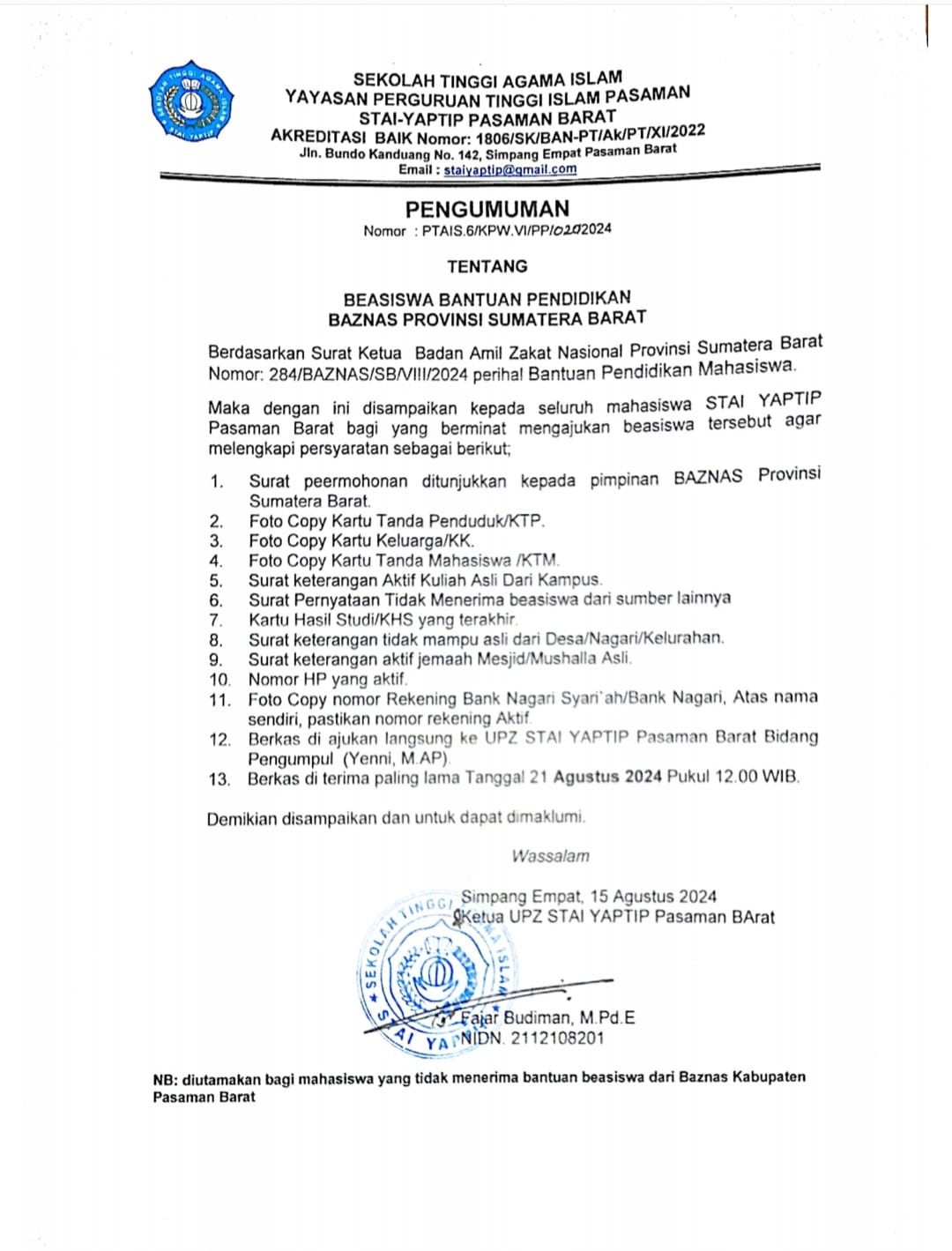 BEASISWA BANTUAN PENDIDIKAN BAZNAS PROVINSI SUMATERA BARAT 