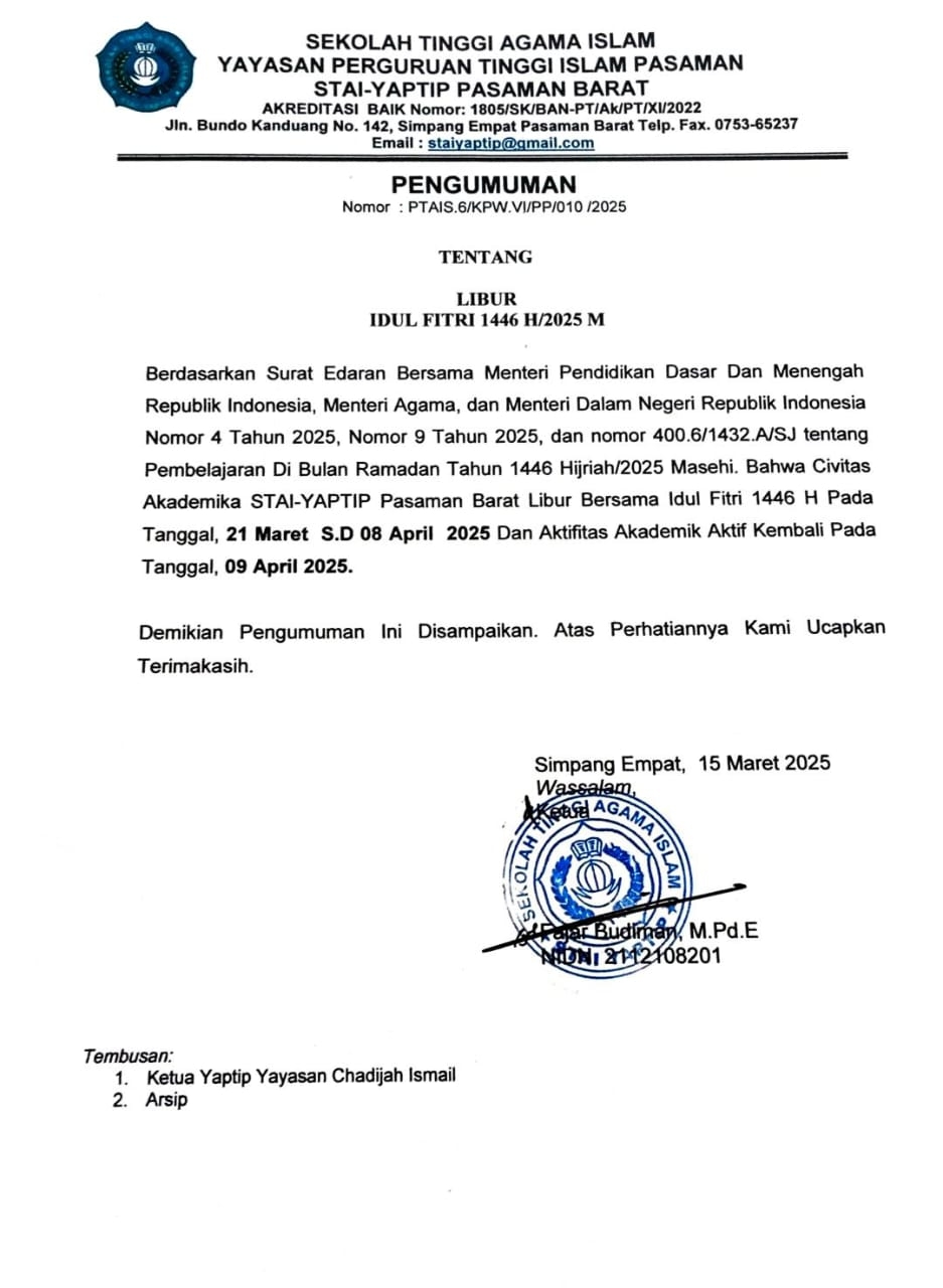 LIBUR HARI RAYA IDUL FITRI 1446 H/2025 M STAI YAPTIP PASAMAN BARAT 
