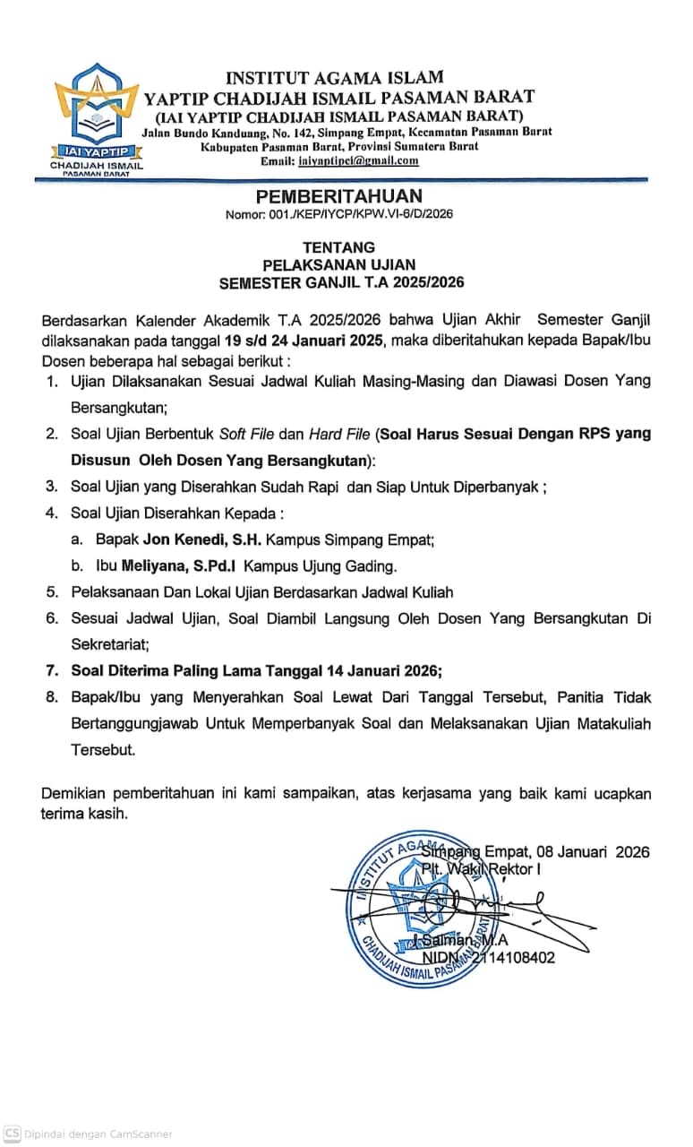 PELAKSANAAN UJIAN SEMESTER GANJIL TAHUN AKADEMIK 2025/2026 IAI YAPTIP CHADIJAH ISMAIL PASAMAN BARAT