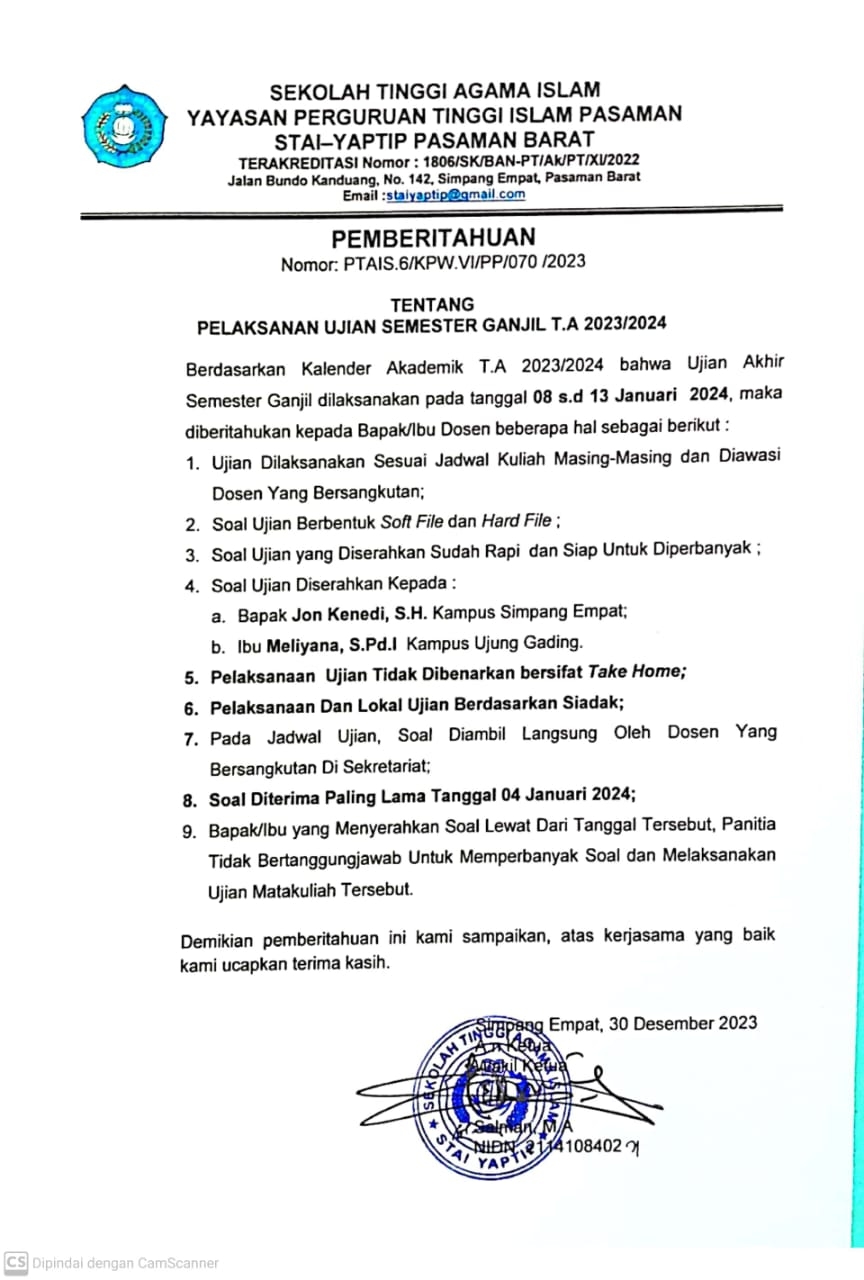PELAKSANAAN UJIAN SEMESTER GANJIL T.A 2023/2024