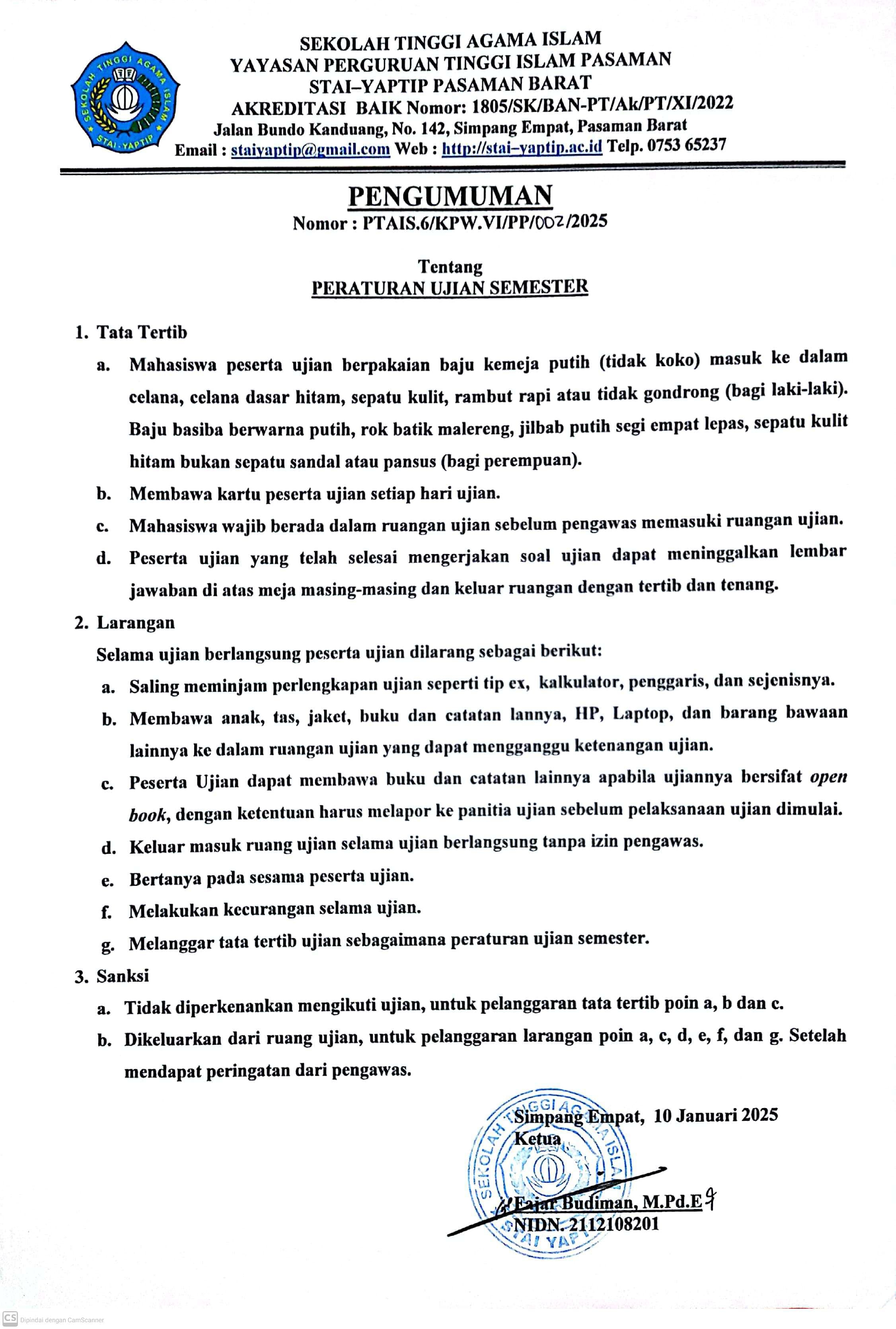PERATURAN UJIAN AKHIR SEMESTER GANJIL TAHUN 2025